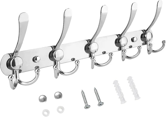 TICONN Wall Mounted Coat Rack, Five Heavy Duty Tri Hooks All Metal Construction