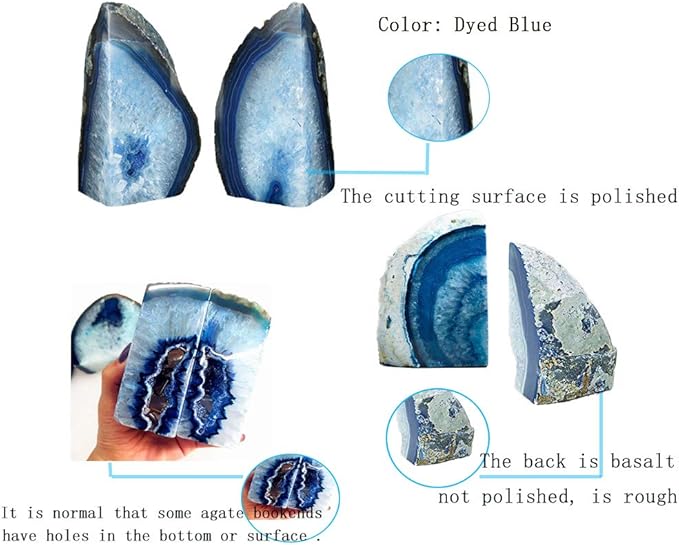 JIC Gem Dyed Blue Agate Bookends Geode Decorative Book Ends for Heavy Books with Rubber Bumpers for Office and Home Decoration Polished Small Size 2 to 3 Lbs