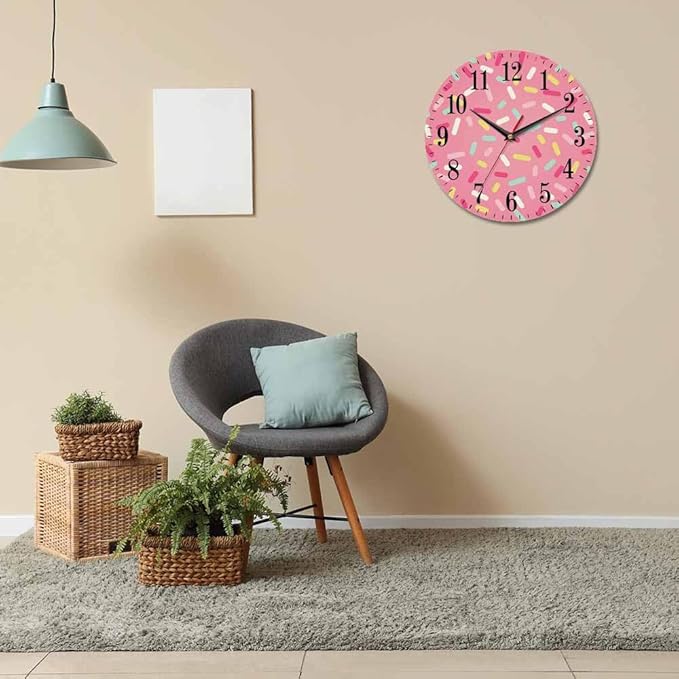 Mxocom Pink Donut Glaze Wall Clock Ice Cream Chocolate Colorful Sprinkles 10