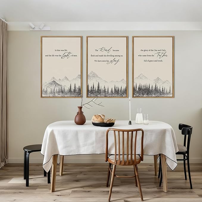 IARTTOP Large Christian Easter Framed Wall Art 16x24 Inch Neutral Mountain Forest Canvas Wall Decor Jesus Bible Verse Catholic Biblical Scripture Prints for Prayer room Living room Set of 3