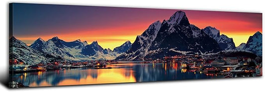 AREBOLO Sunset Mountain Canvas Wall Art Lake Landscape Pictures Nature Wall
