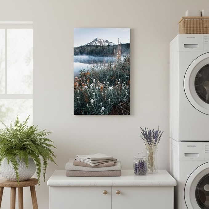 arttitue Nature Wall Art Canvas Decor: Lake Scene Picture Misty Landscape Print Mountain Forest Scenery Painting Natural Wildflower Artwork for Bathroom Living Room Bedroom Decoration