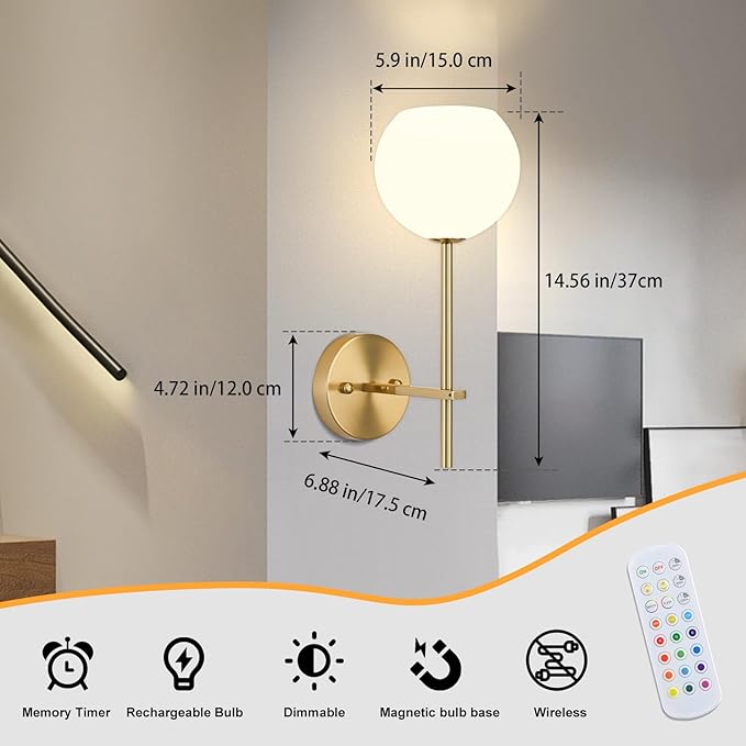 Gold Battery Operated Wall Sconces Set of 2, Rechargeable Wireless Wall Lights