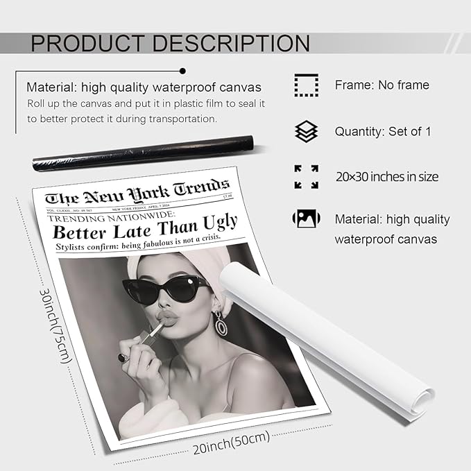 Trendy Newspaper Posters Better Late Than Ugly Wall Art Vintage Black And White