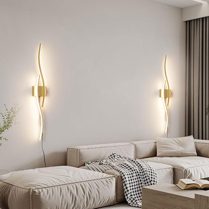 Daunton Modern Gold Plug in Wall Sconces Set of Two, RC Dimmable LED Plug in