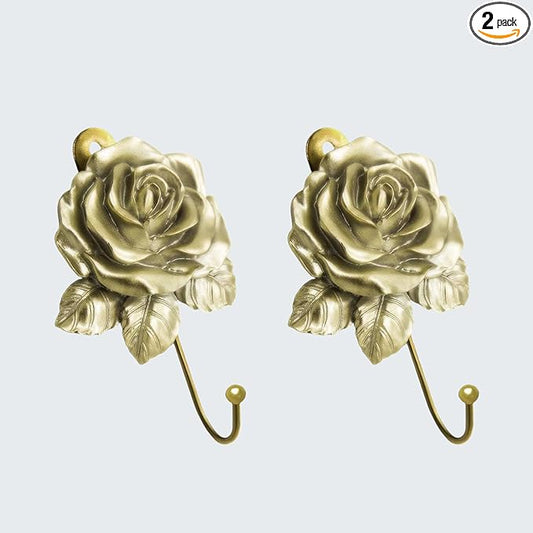 2Pcs Gold Flower Wall Hooks, Cute Decorative Coat Hooks, Vintage Resin Rose