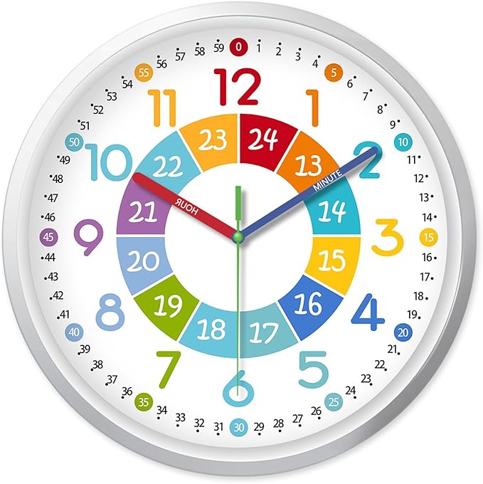 XFM Learning Clock for Kids Silent Non Ticking Battery Operated Colorful