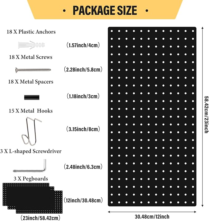 DEWEL Wall Organizer Peg Board, 3Pcs Metal Pegboard Panels with Accessories, 23" x 12" Pegboard, Heavy Duty Peg Board Wall Organizer for Workbench, Workshop, Office, Craft Room (3pcs black)