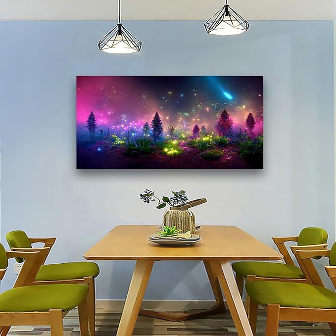 Fantastic Starry light Canvas Wall Art for Living room Office Bedroom Purple Dream Wall Art Print Paintings Modern Forest Fog Pictures Wall Decor Artwork Waterproof Ready to Hang - 70in * 35inch