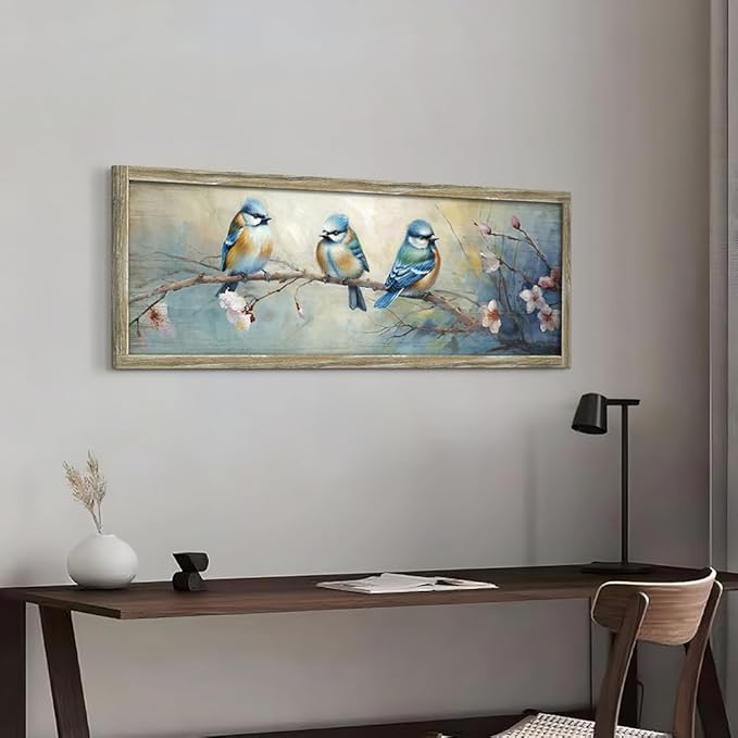 Colorful BlueBird Wooden Wall Art: Rustic Bird Framed Painting Vintage Sparrow Picture Cute Chickadee on Flower Branch Prints Countryside Artwork Decor for Living Room Bedroom Farmhouse