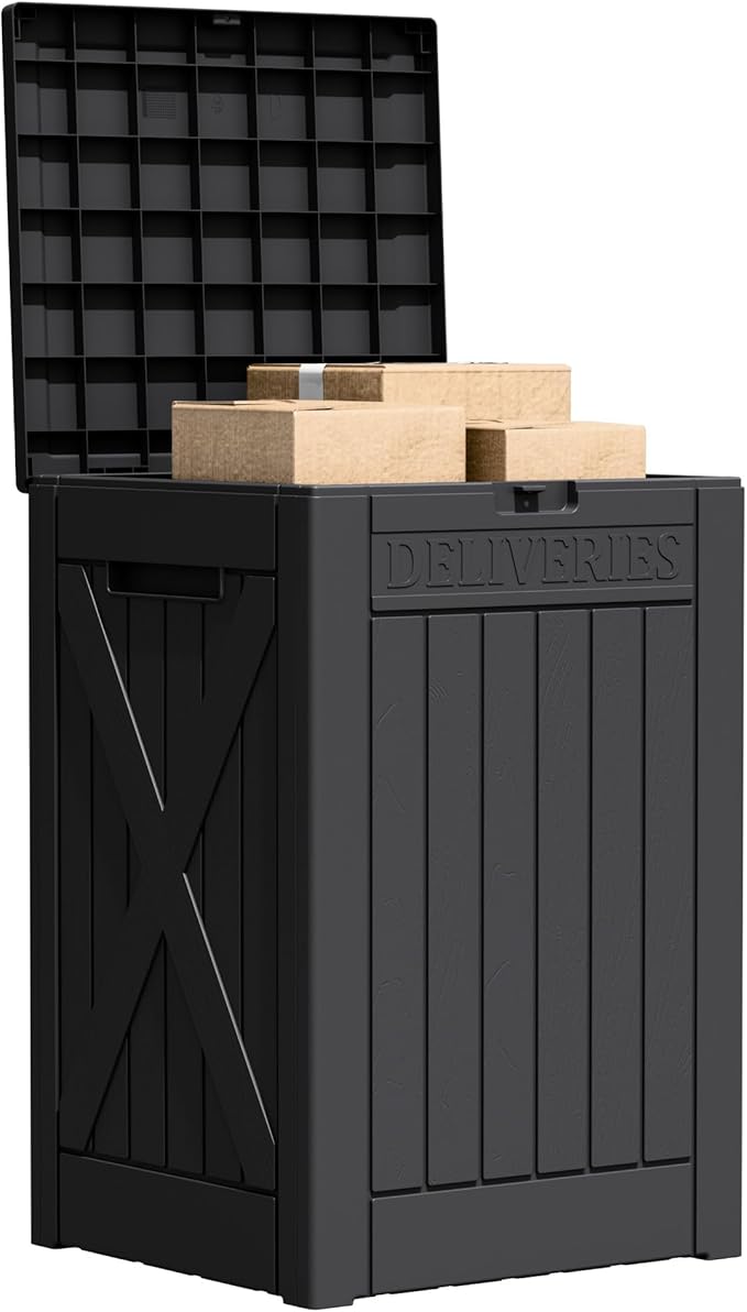 Flamaker 50 Gallon Deck Box, Package Delivery Box for Outside, Outdoor Package Drop Container for Gifts, Waterproof Plastic Storage Container with Lockable Secure for Porch (Black)