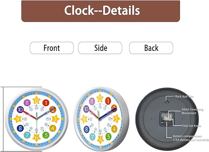 XFM Blue Kids Wall Clock 8 Inch Silent Non Ticking Quartz Battery Operated