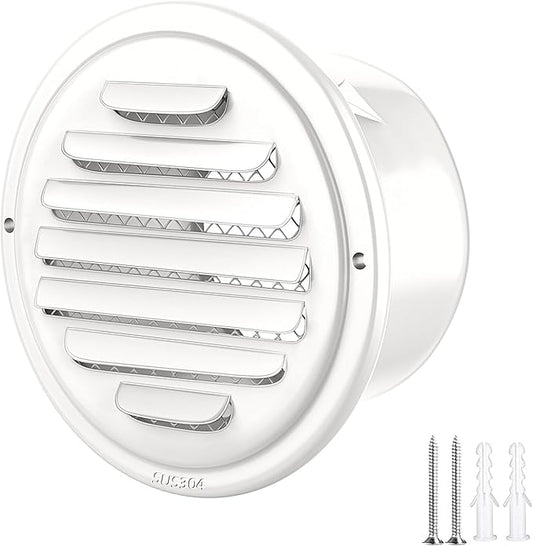 4 in White 304 Stainless Steel Air Vents Cover, piiyoosnn Louvered Grille Cover Vent Flat Ducting Air Vent Wall Inlet with Built-in a Fly Screen Mesh for HVAC Ventilation (4 inch (100mm) White Paint)