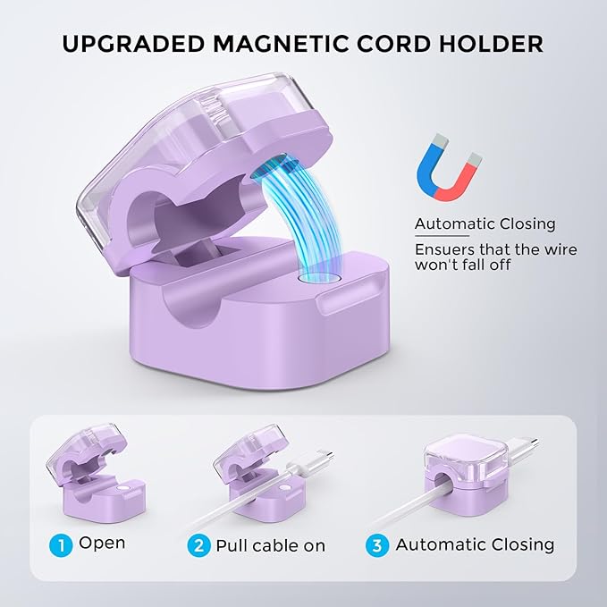AhaStyle 6 Pack Magnetic Cable Organizer [1s Lock] Cord Holders Clips Strong Adhesive Cord Keeper [Smooth Adjustable] Hide Wire Cord Organizer for Nightstand Kitchen Car Office (Lavender)