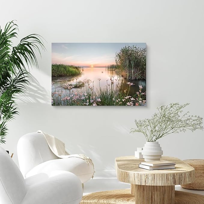 Hardy Gallery lake pictures wall decor artwork: scenic canvas wall art lake scene artwork nature scenery painting - sunset landscape prints for bedroom house 36"x24"
