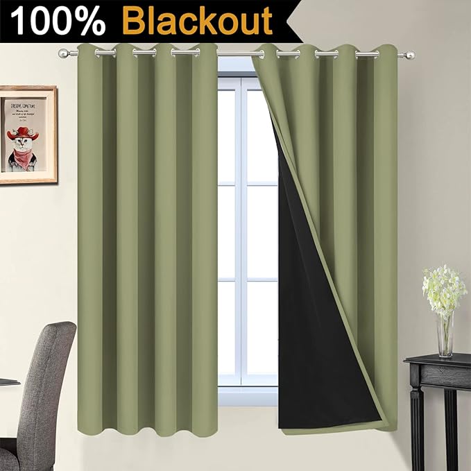 Yakamok 100% Blackout Window Curtain Panels, Heat and Full Light Blocking Drapes