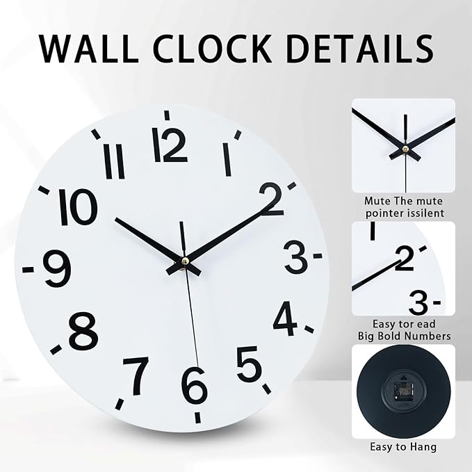 HZDHCLH Wall Clock 12 Inch Silent Non Ticking Wood Battery Operated White