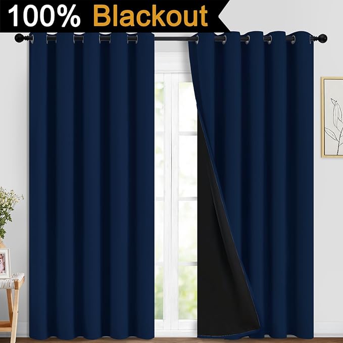 Yakamok Navy Blue 100% Blackout Curtains Energy Saving Thermal Insulated 2