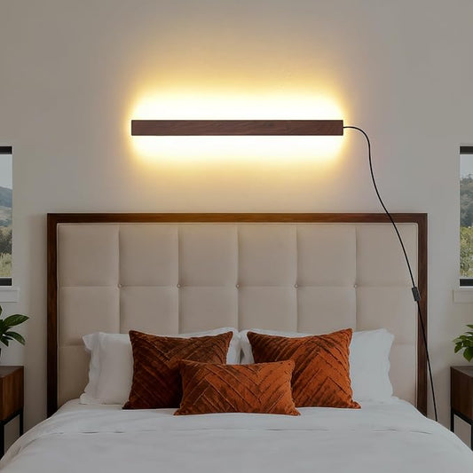 Farmhouse Plug in Wall Sconces, 23.6 inch Faux Walnut Finish LED Long Wall