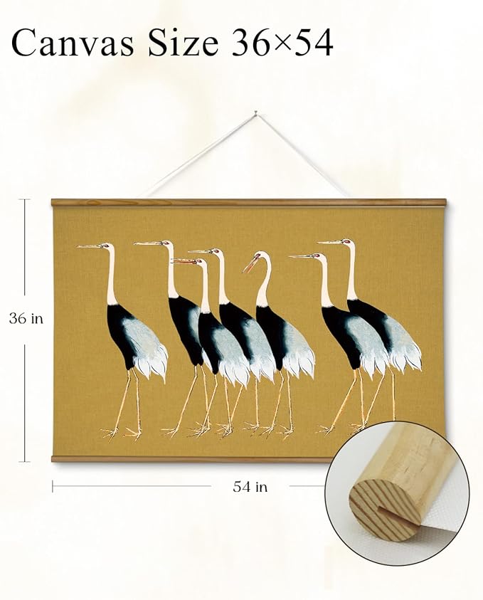 VIYYIEA Extra Large Size Canvas Wall Art, 36x54 Vintage Scroll Hanging Crane Print, Elegant Bird Animal Artwork for Living Room, Bedroom, or Office