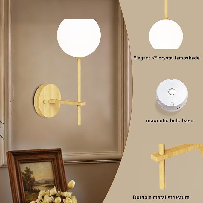 Wood Grain Battery Operated Wall Sconces Set of 2, Rechargeable Wireless Wall