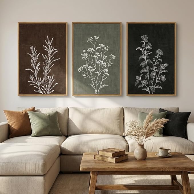 Framed Boho Botanical Wall Art for Living Room, 3 Piece Rustic Floral Canvas