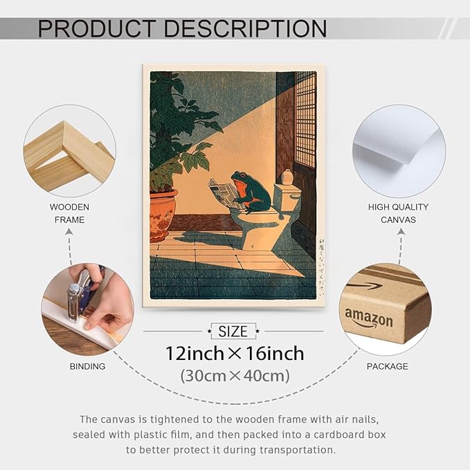 Vintage Japanese Framed Wall Art Funny Frog Bathroom Canvas Print Cute Japanese