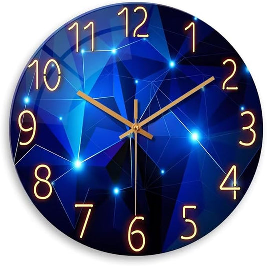 Blue Wall Clock Battery Operated 14 Inch Modern Wall Clock Non Ticking Glass