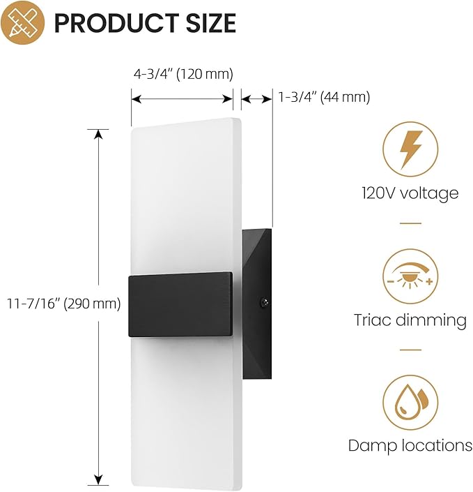 Modern LED Wall Sconces Set of Two, 12 Inch Indoor Dimmable Black Wall Lights