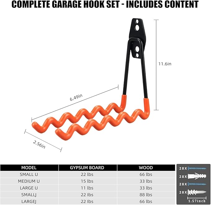 Garage Hooks, 4 Pack Wave Hooks