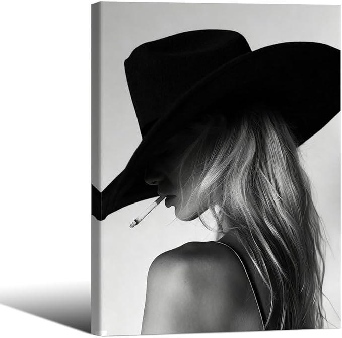FuSatisYilife Trendy Black And White Framed Wall Art Cool Western Woman Smoking