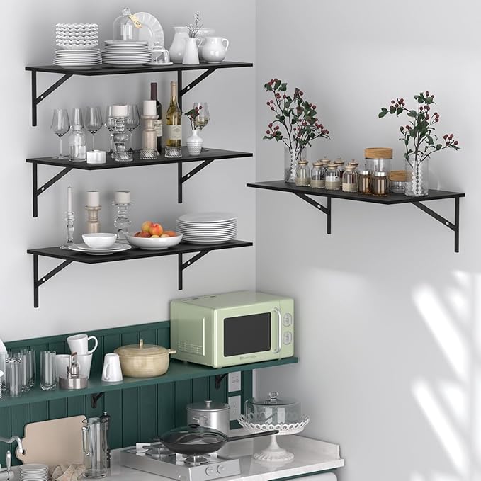 Deep Floating Shelves for Wall Set of 3, 24W x 12 Inch Deep Black Floating