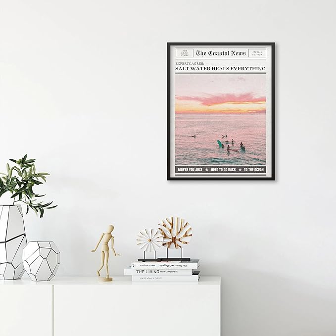 Pink Beach Newspaper Posters Vintage Fashion Coastal Girl Surf Wall Art 08x10