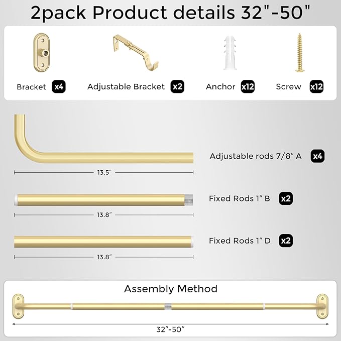 2 Pack Curtain Rods 32-46 Inch, 1 Inch Adjustable Heavy Duty Room Darkening