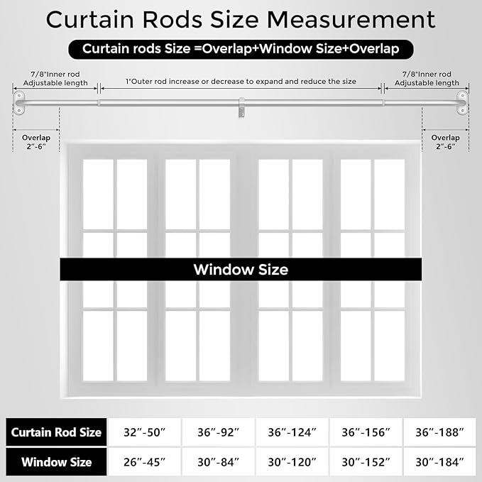 2 Pack Curtain Rods 36-88 Inch, 1 Inch Adjustable Heavy Duty Room Darkening