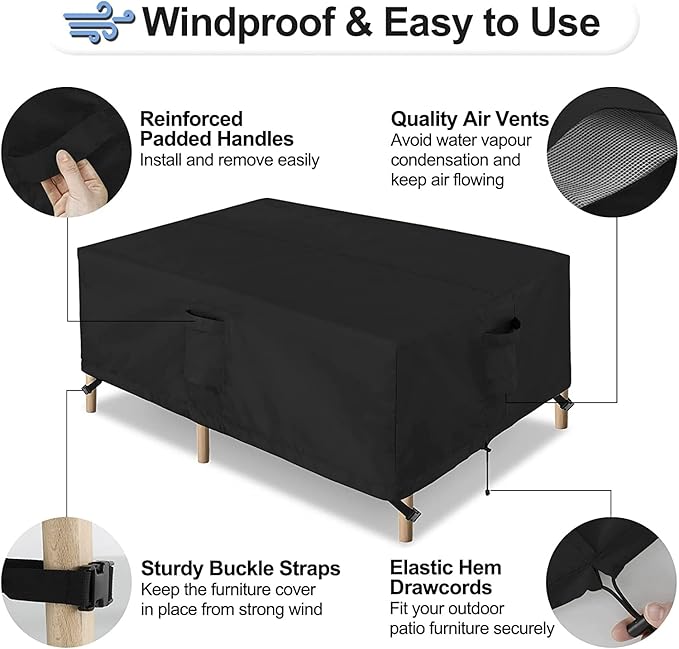 OutdoorLines Outdoor Waterproof Patio Table Furniture Set Covers - Rectangle Couch Sectional Cover Outside Weatherproof Patio Furniture Covering for Deck, Lawn and Backyard 126"L x 126"W x 32"H, Black