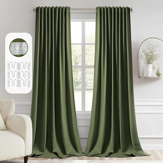MIULEE Olive Green Back Tab Blackout Curtains 102 Inch Long 2 Panels Set