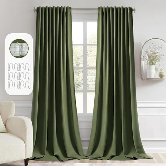 MIULEE Olive Green Back Tab Blackout Curtain 96 Inch Long 2 Panels Set