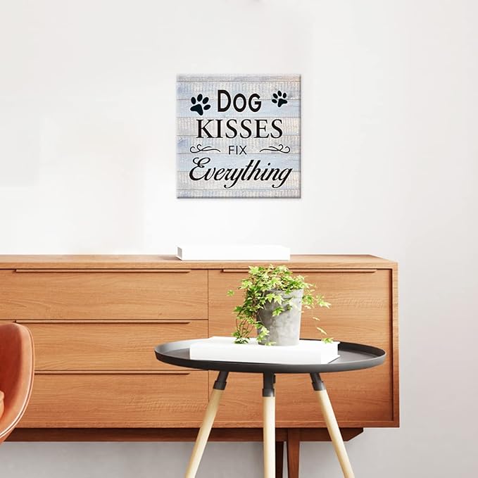 Funny Farmhouse Dog Canvas Wall Art Decor Dog Kisses Fix Everything Rustic Sign
