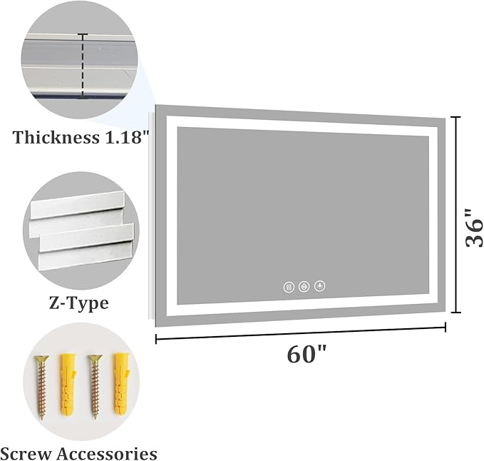 Koonmi 60"x36" LED Mirror for Bathroom, 90CRI Anti-Fog Vanity Mirror