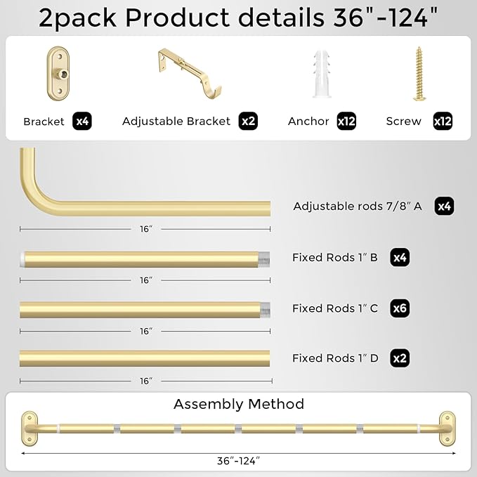 2 Pack Curtain Rods 36-120 Inch, Living Room, Sliding Door