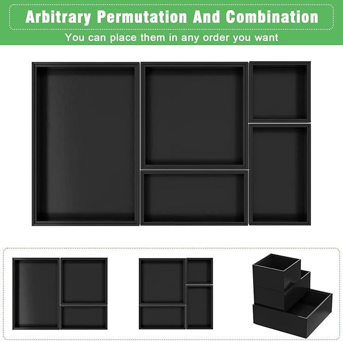 Black Bamboo Bathroom Drawer Organizer, Wooden Kitchen Utensil Holder Set of 5, Stackable Junk Drawer Organizer Tray, Multi-Use Storage Bins Boxs Dividers for Home, Office, Clothing, Makeup, Jewelry