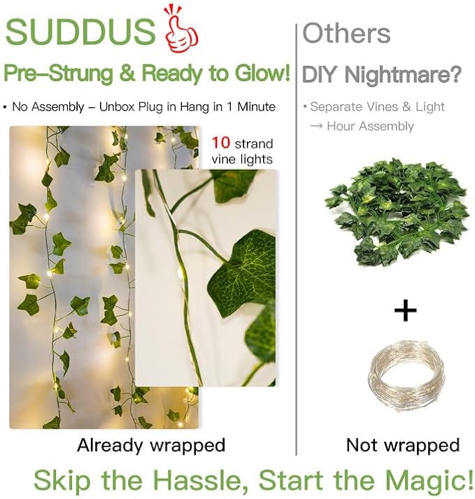suddus 200 LED Vine with Light Plug in, 6.5ft x 6.5ft Ivy Fairy Curtain Lights