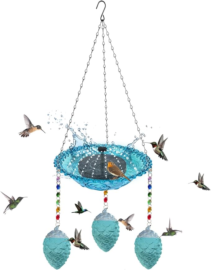 Hummingbird Feeder and Bird Bath for Outdoors 2-in-1 for Small Birds - Hummingbird Bath Fountain with 3 Blue Feeder Pots - Hanging Solar Bird Bath Fountains