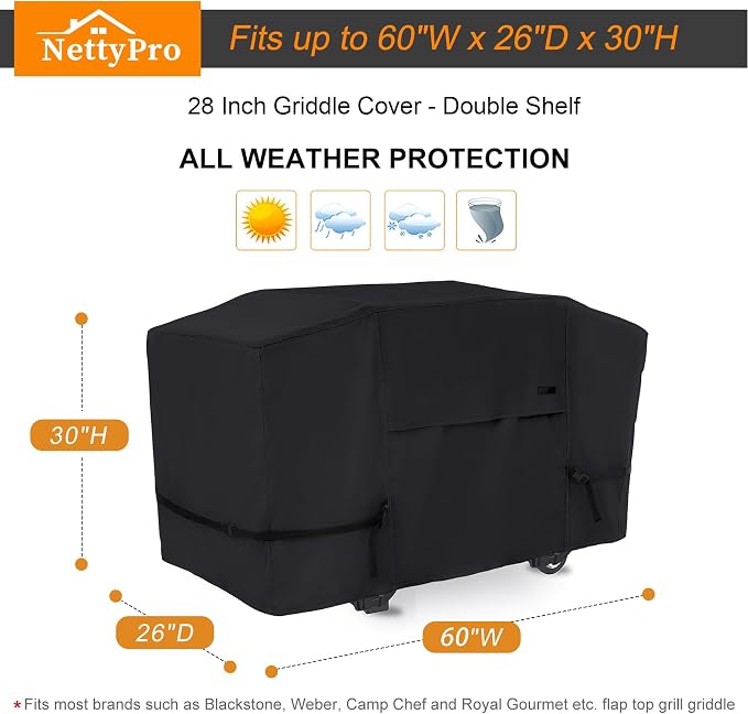 NettyPro Griddle Cover for Blackstone 28 inch Griddle, Waterproof UV Resistant 2 Burner Flat Top Gas Grill Cover 28" Cooking Station Camping, Black