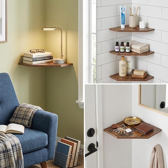 SUYU Set of 3 Floating Corner Shelves, 11.8" Rustic Wood Corner Shelf Wall