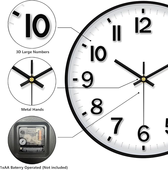 Wall Clocks Battery Operated, 12 Inch Non Ticking Digital Wall Clock, Silent