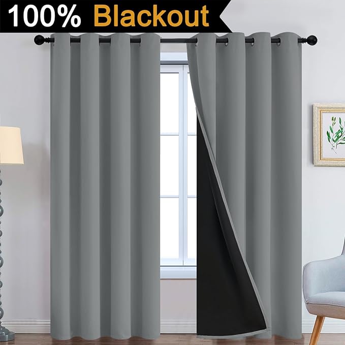 Yakamok Dove Grey 100% Blackout Curtains, Thermal Insulated Total Blackout