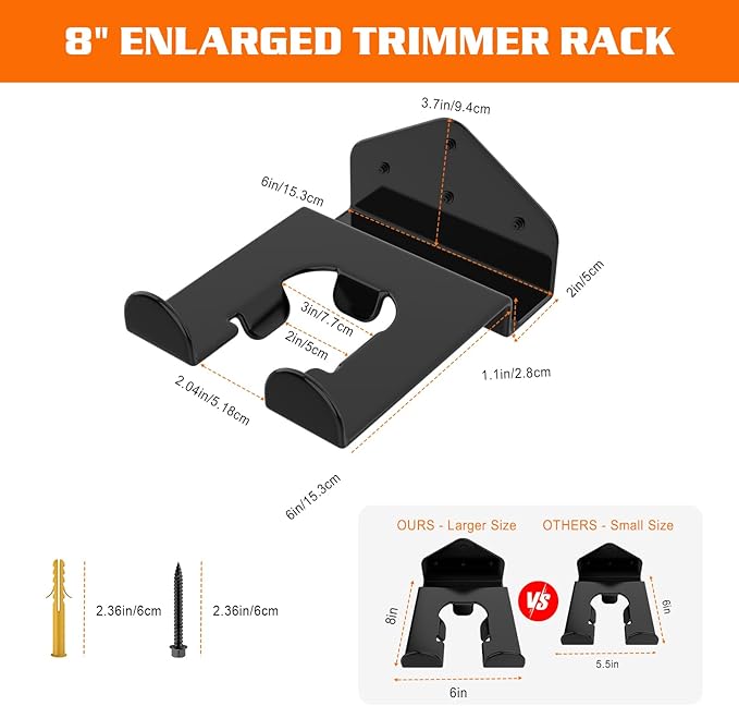 Housolution 8" Trimmer Rack with Rubber Coating, [2 Pack] Heavy Duty Weed Eater Hanger, Garden Power Tool Holder Organizer Hooks for Grass Trimmer, Hedge Trimmer, Garden Tool, Leaf Blower, Chainsaw