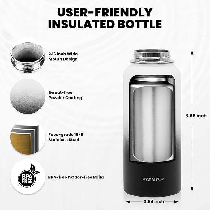 Insulated Water Bottle 32 oz, Triple Wall Vacuum Stainless Steel (Cold for 48 Hrs), Leak Proof & Non-BPA, Modern Water Flask Jug with Paracord Handle & Straw Spout Lids, Ombre: White/Black